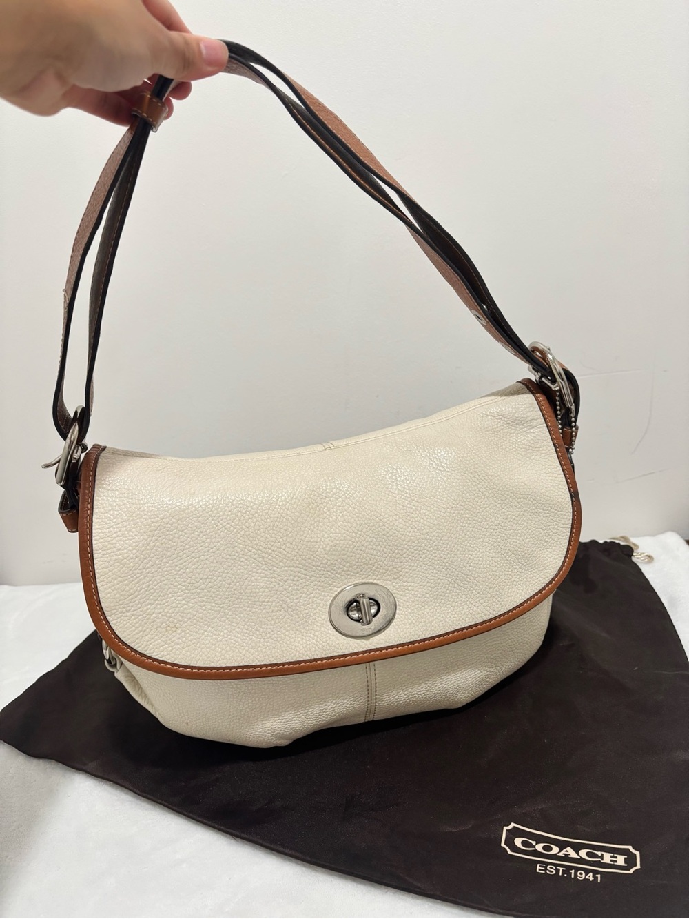 Y2K Coach Legacy Pebbled White Leather Turnlock Shoulder Bag, Brown Trim, F15170